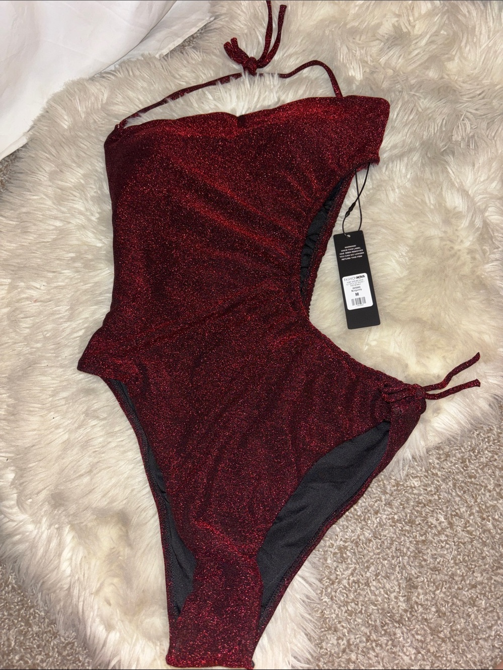 Fashion Nova Shimmery Burgundy One-Piece Swimwear